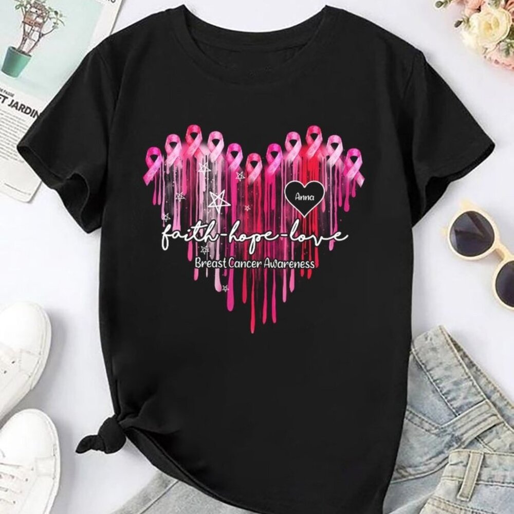 Pink Ribbon Breast Cancer Custom Name Shirt, Breast Cancer Faith Hope Love Shirt